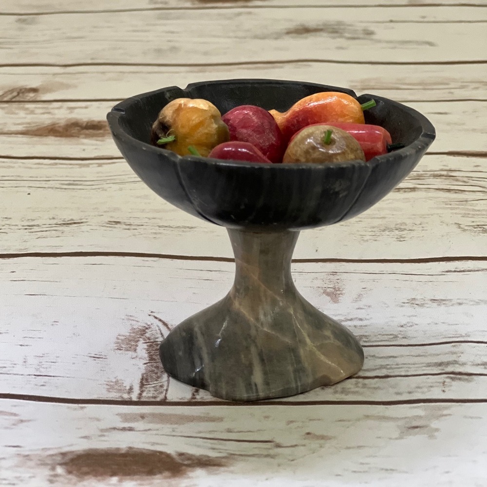 Vintage Marble Pedestal Bowl with Carved Stone Fruit Set